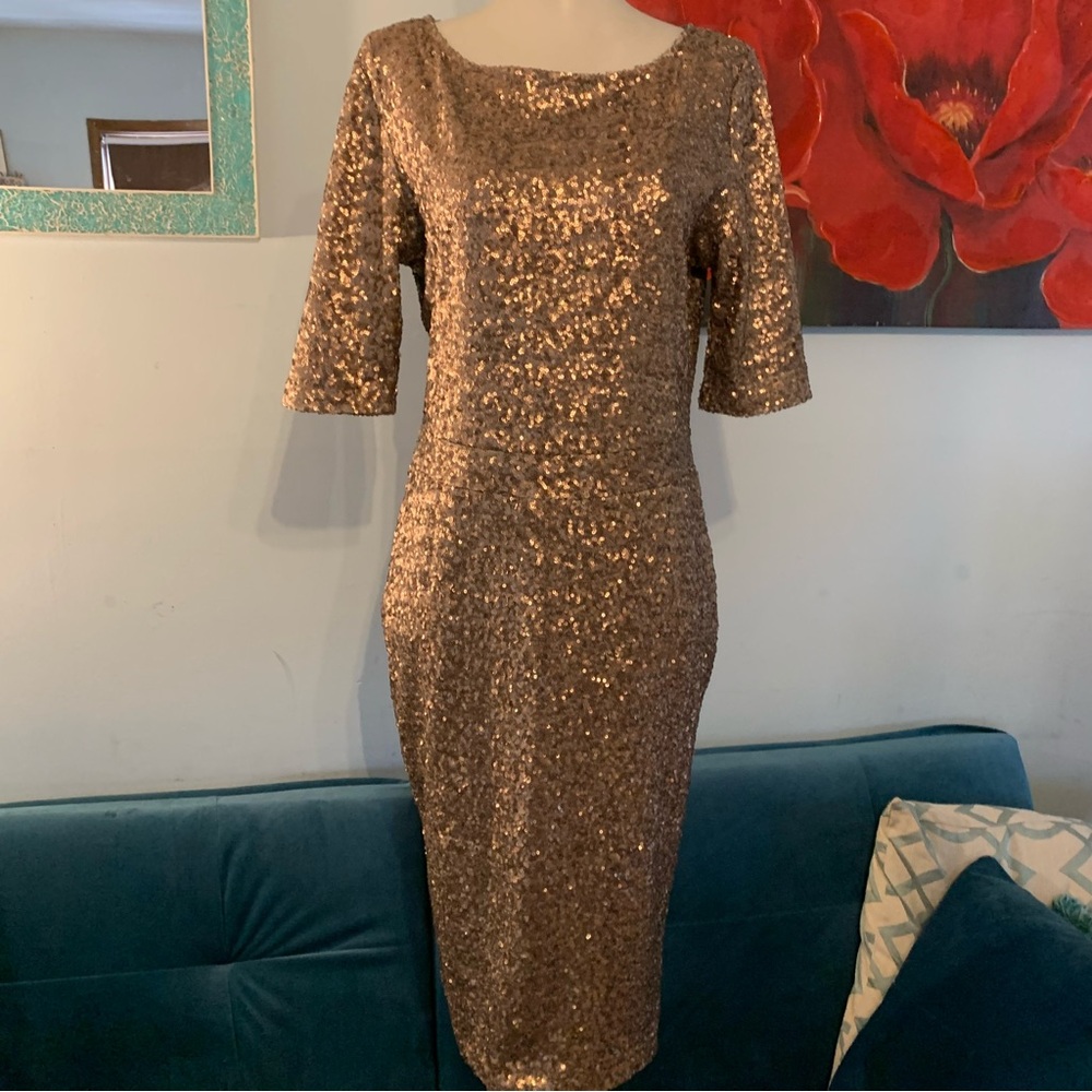 Pim + Larkin Sequin Midi Dress Size Medium Brown Gold Shimmer Party Back Zip